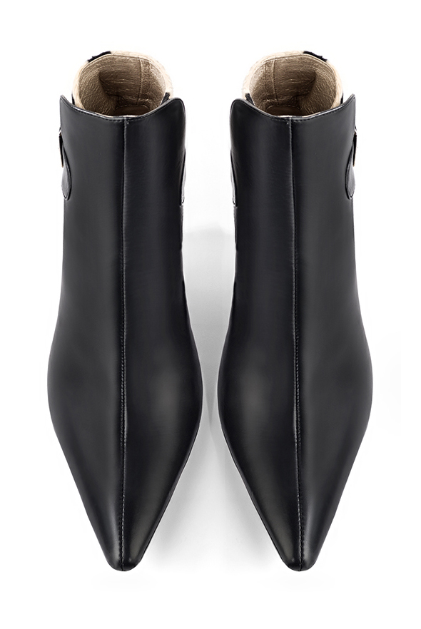 Satin black women's ankle boots with buckles at the back. Tapered toe. High slim heel. Top view - Florence KOOIJMAN
